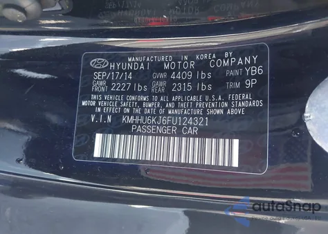 2015 Hyundai Genesis 3.8 Base z USA, uszkodzony, nr VIN KMHHU6KJ6FU124321